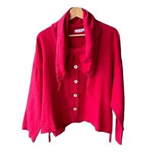 Bryn Walker Jacket Cardigan Top Red Linen Shawl Collar Button Front Lagenlook M